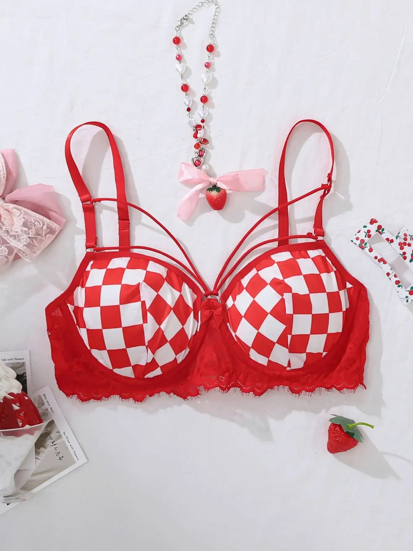 Red & White Plaid Lace Patchwork Bralette for Women – Cute, Sweet Wire-Free Non-Padded Lingerie, Perfect for Christmas