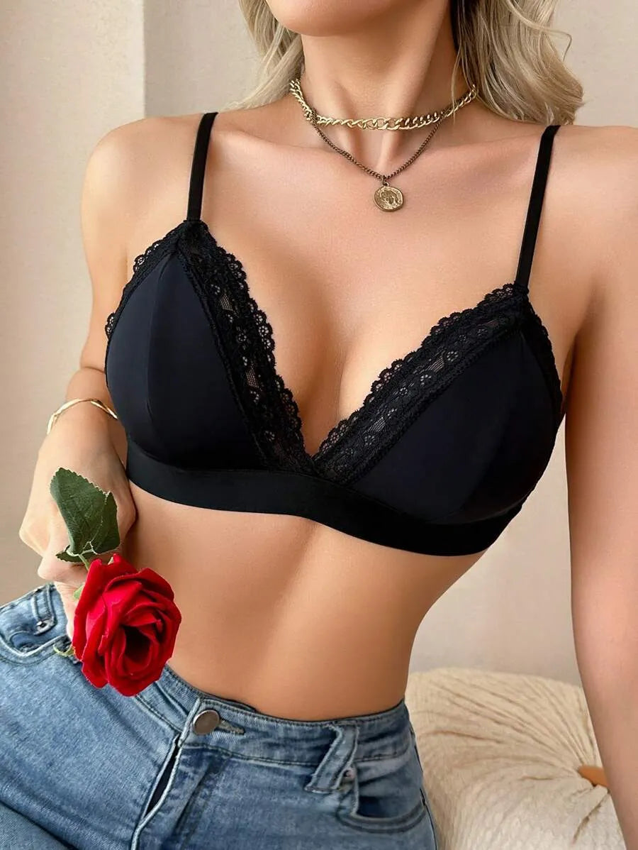 Ladies' Sexy Lace Bra with Eyelash Trim – Elegant Wireless Lingerie