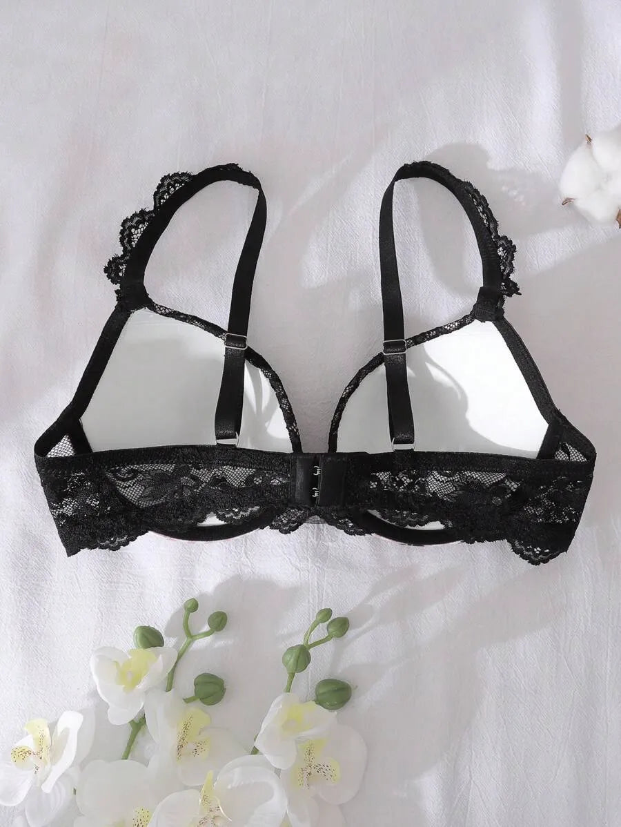 Underwire Padded 3/4 Cup Bra for Women – Gathering & Lifting with Cute Bow, Striped Lace Satin, Color Contrast