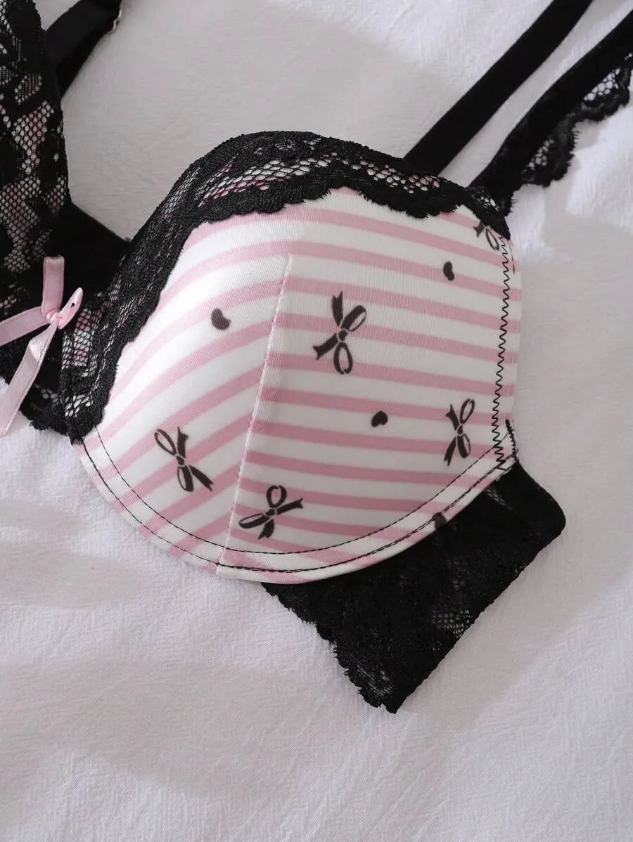Underwire Padded 3/4 Cup Bra for Women – Gathering & Lifting with Cute Bow, Striped Lace Satin, Color Contrast