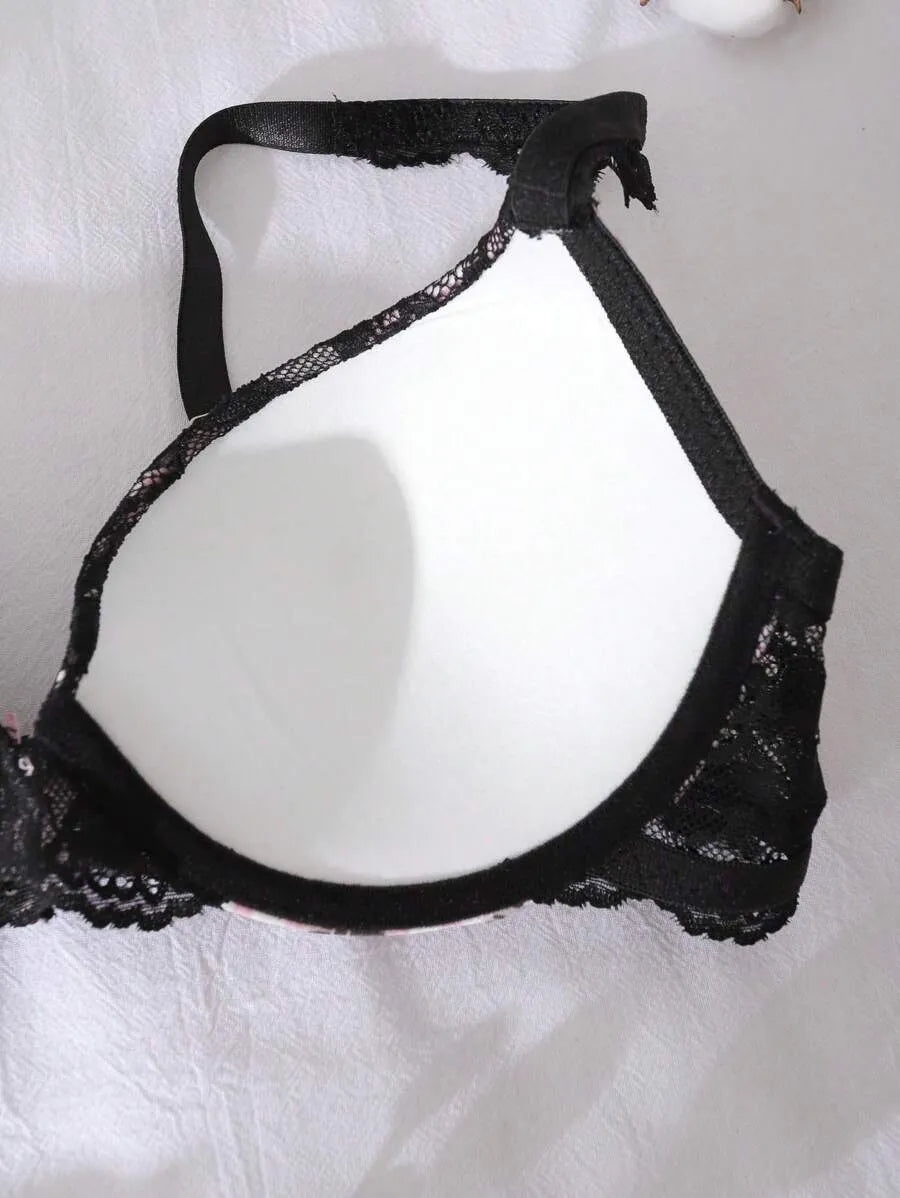 Underwire Padded 3/4 Cup Bra for Women – Gathering & Lifting with Cute Bow, Striped Lace Satin, Color Contrast