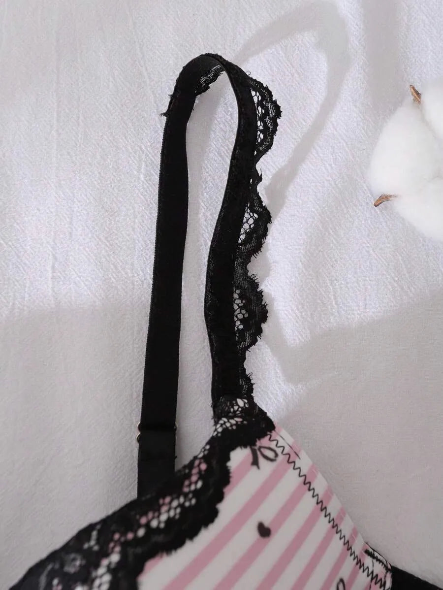 Underwire Padded 3/4 Cup Bra for Women – Gathering & Lifting with Cute Bow, Striped Lace Satin, Color Contrast
