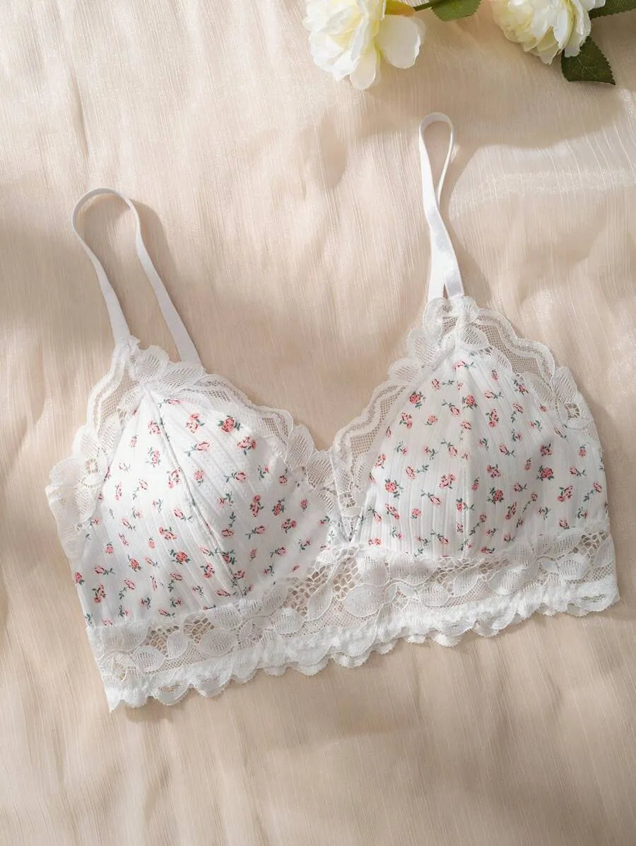 Ditsy Floral Print Lace Trim Bralette – Soft, Lightweight, Sexy Lingerie Top for Everyday Comfort