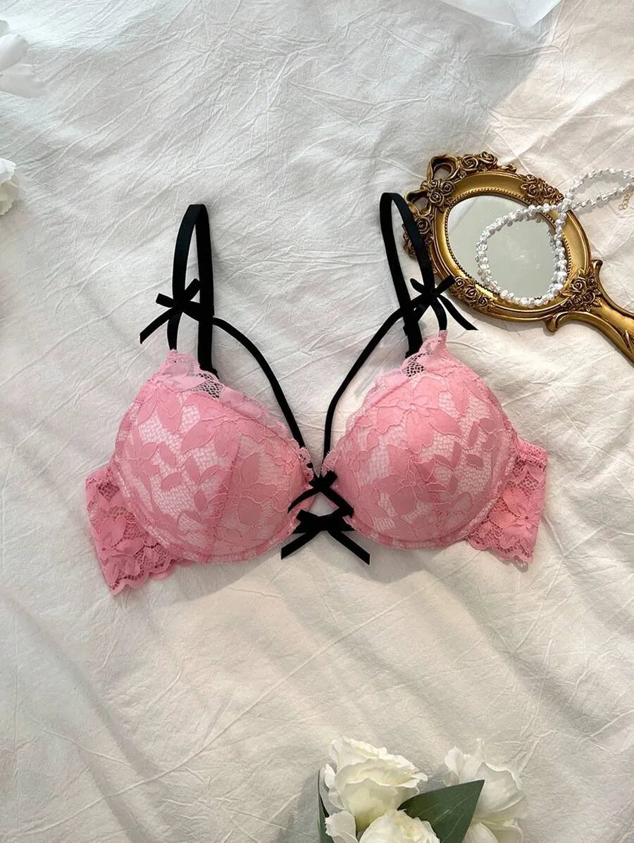 Women’s Floral Lace Bra with Bow Decor – Stylish Bow Tie Detail, Comfortable Wireless Lingerie for Everyday Wear