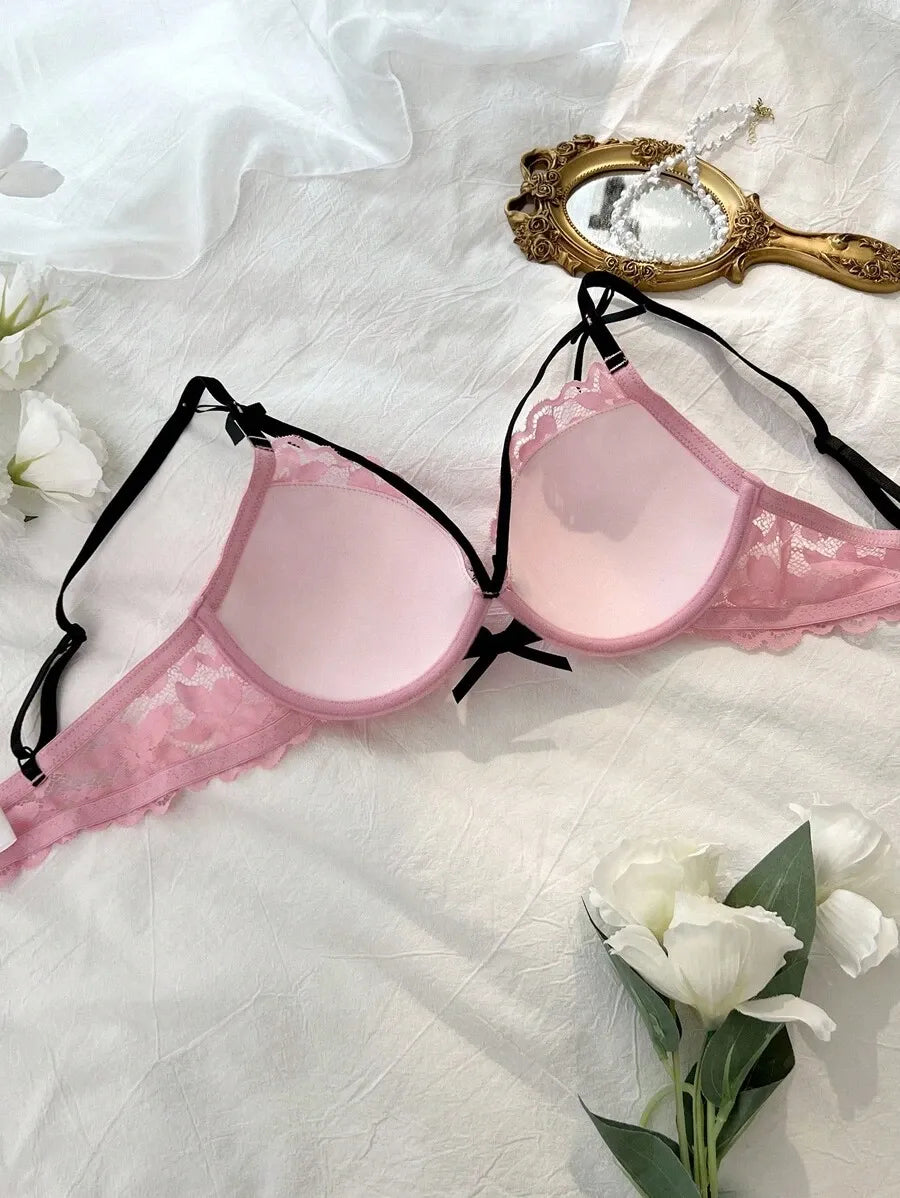 Women’s Floral Lace Bra with Bow Decor – Stylish Bow Tie Detail, Comfortable Wireless Lingerie for Everyday Wear