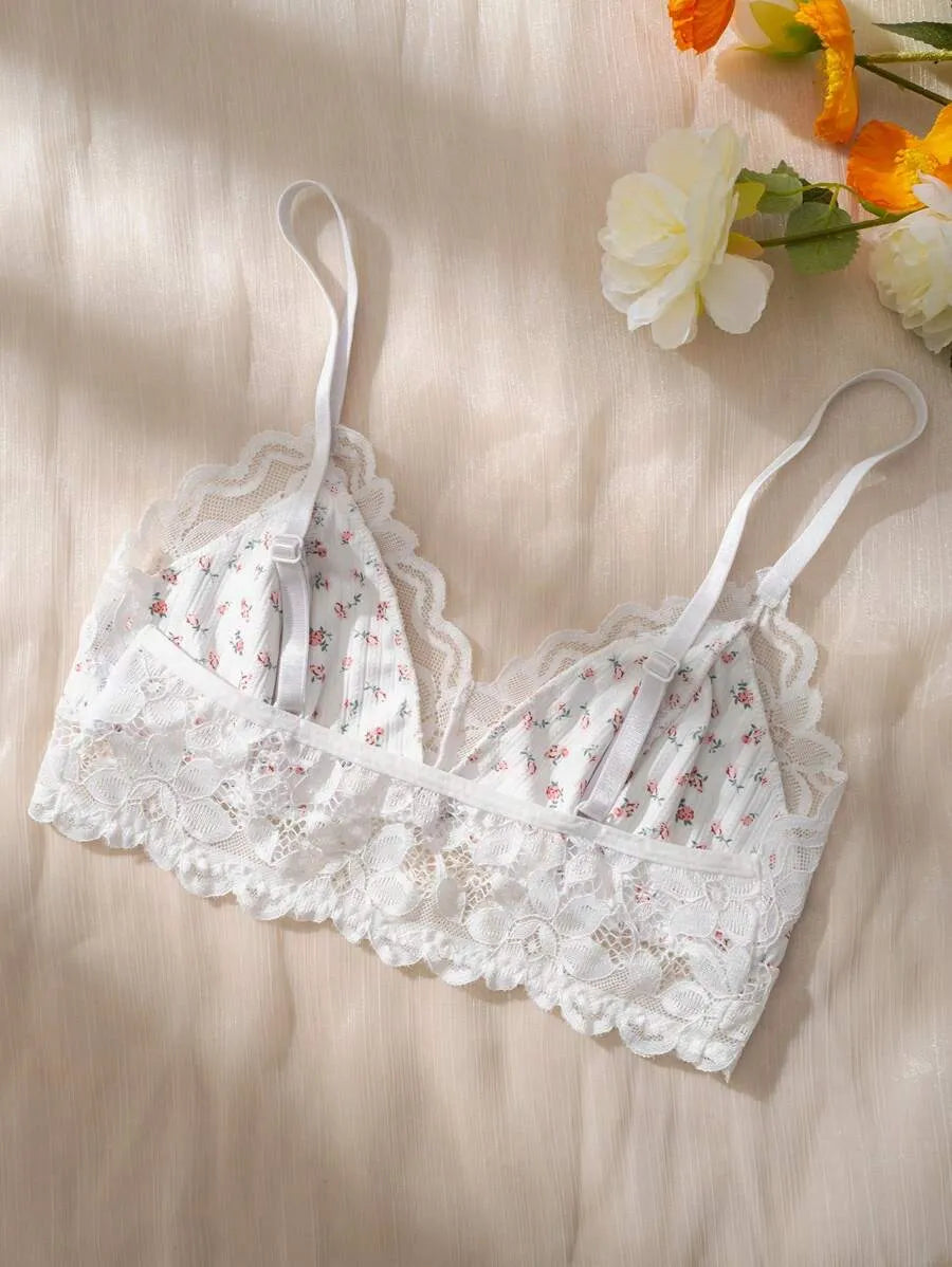 Ditsy Floral Print Lace Trim Bralette – Soft, Lightweight, Sexy Lingerie Top for Everyday Comfort