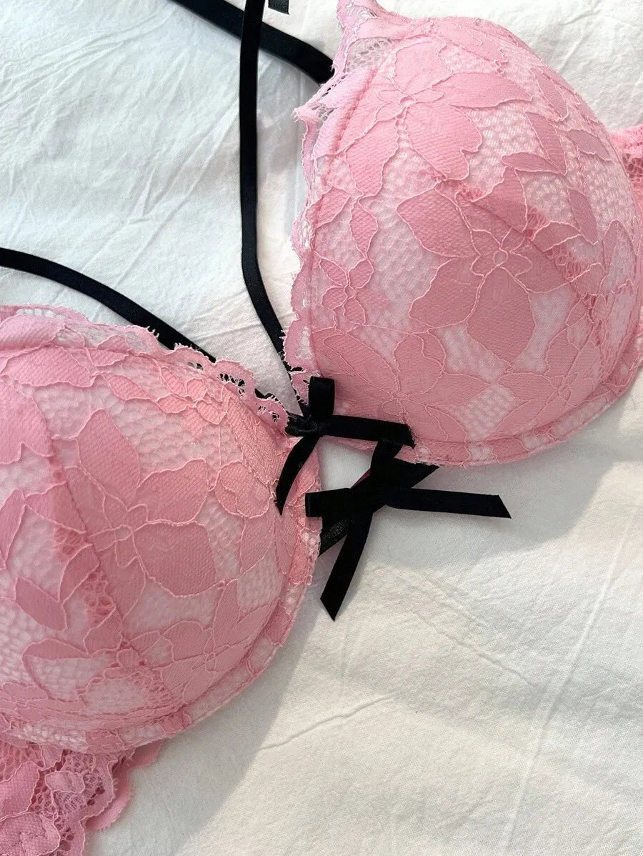 Women’s Floral Lace Bra with Bow Decor – Stylish Bow Tie Detail, Comfortable Wireless Lingerie for Everyday Wear