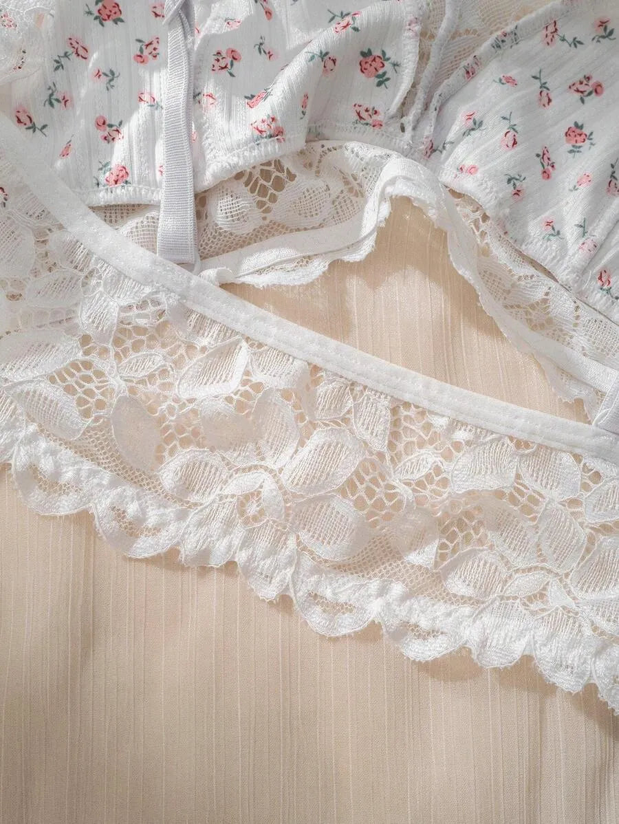 Ditsy Floral Print Lace Trim Bralette – Soft, Lightweight, Sexy Lingerie Top for Everyday Comfort
