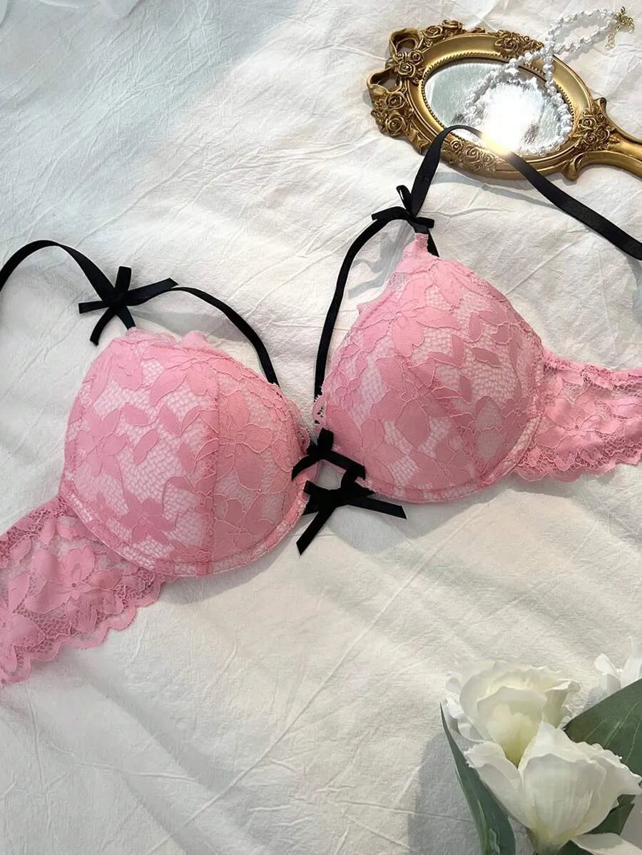 Women’s Floral Lace Bra with Bow Decor – Stylish Bow Tie Detail, Comfortable Wireless Lingerie for Everyday Wear