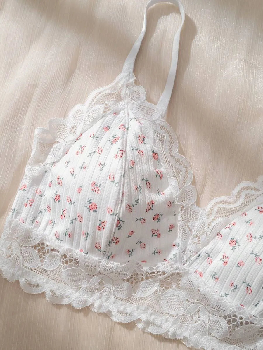 Ditsy Floral Print Lace Trim Bralette – Soft, Lightweight, Sexy Lingerie Top for Everyday Comfort