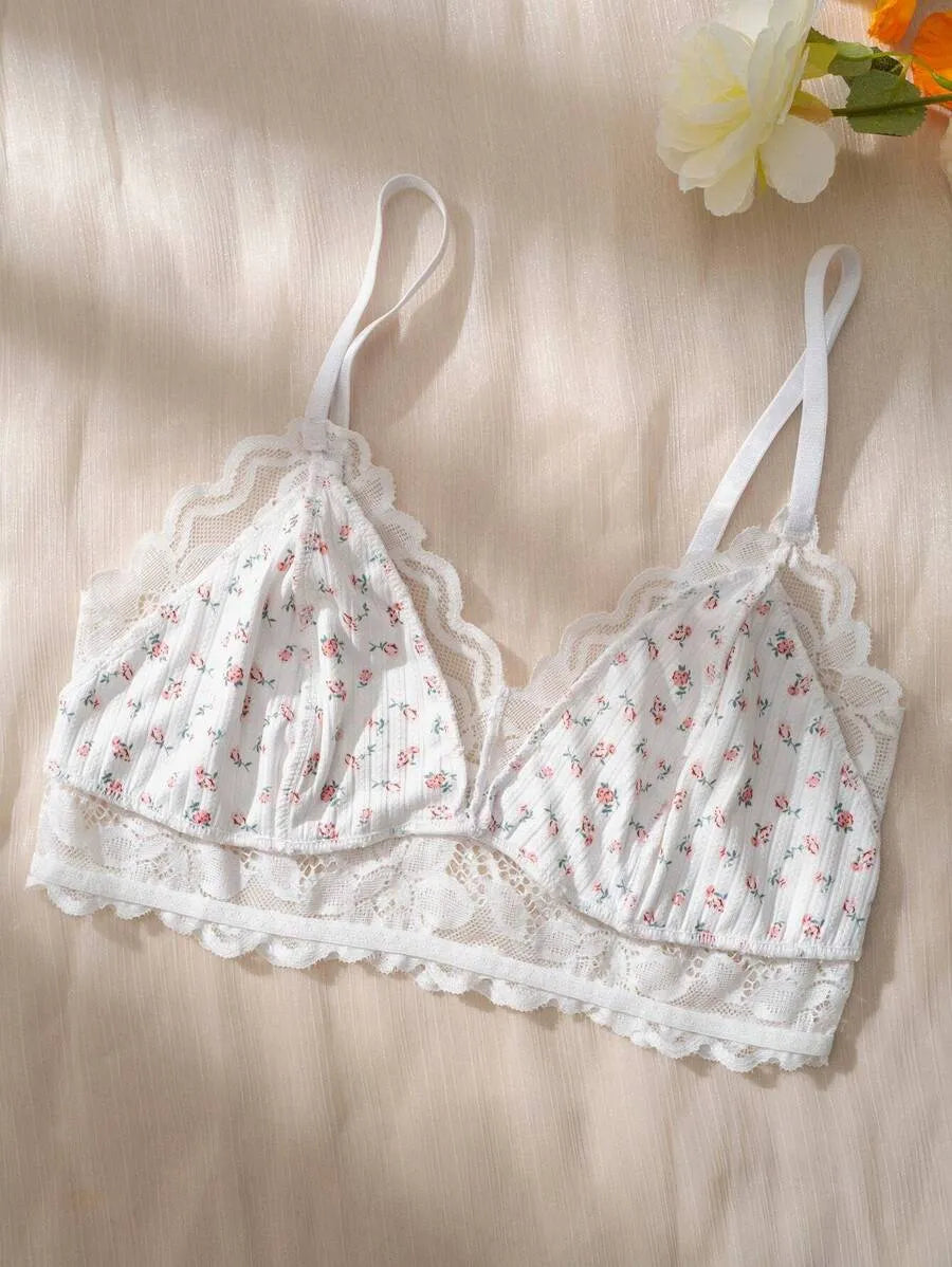 Ditsy Floral Print Lace Trim Bralette – Soft, Lightweight, Sexy Lingerie Top for Everyday Comfort